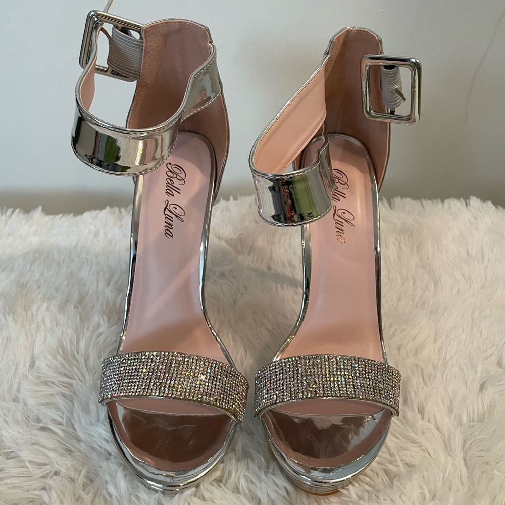 Silver metallic rhinestone strap sandals
